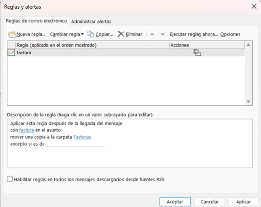 Asistente de reglas y alertas: Cuadro de diálogo “Reglas y alertas” Imagen: Asistente de reglas y alertas: Cuadro de diálogo “Reglas y alertas”