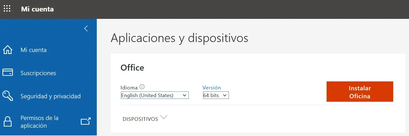 “Aplicaciones y dispositivos” en la interfaz de Microsoft 365 Imagen: “Aplicaciones y dispositivos” en la interfaz de Microsoft 365