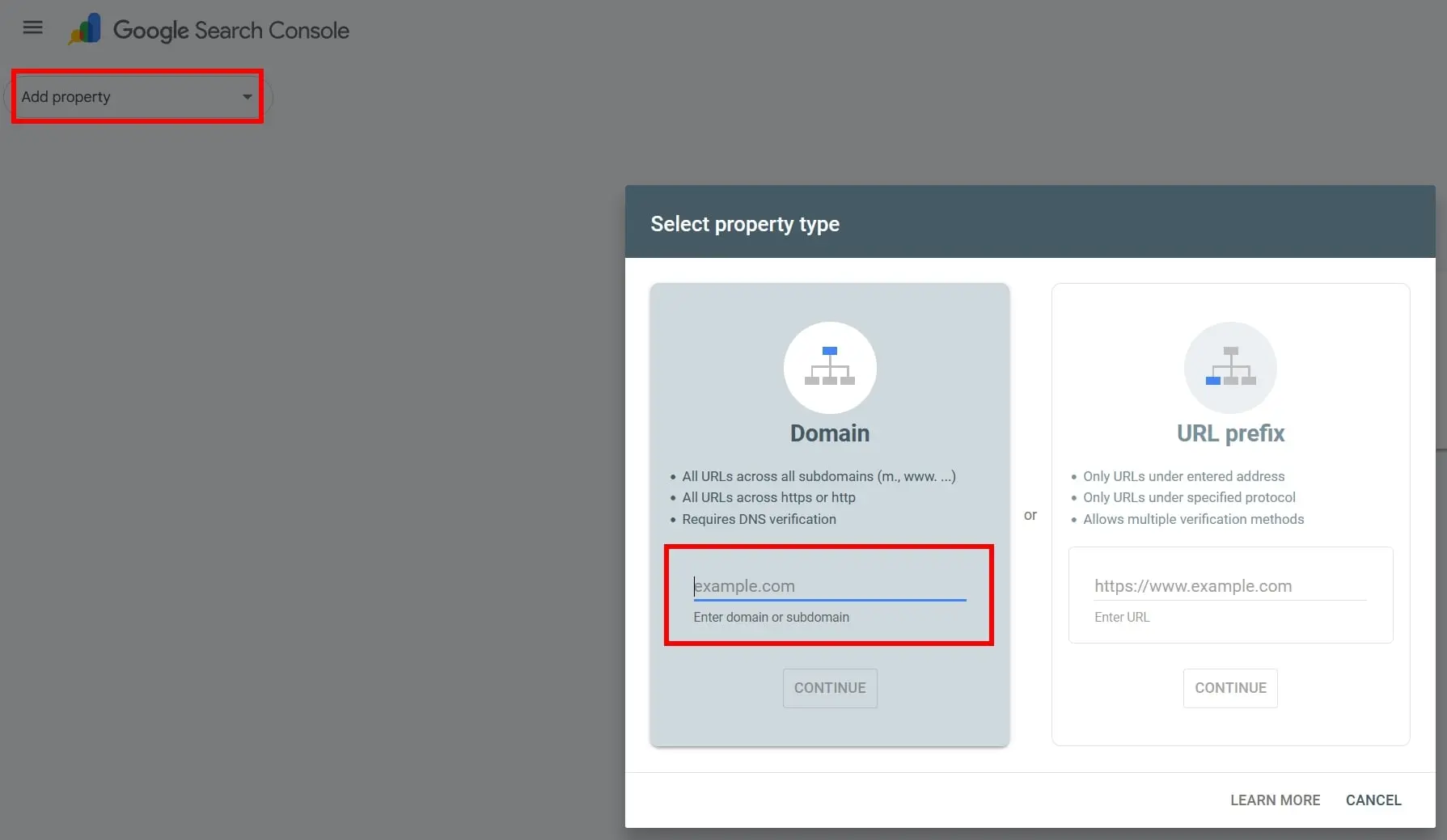 Google Search Console: añadir propiedad Imagen: Google Search Console: añadir propiedad