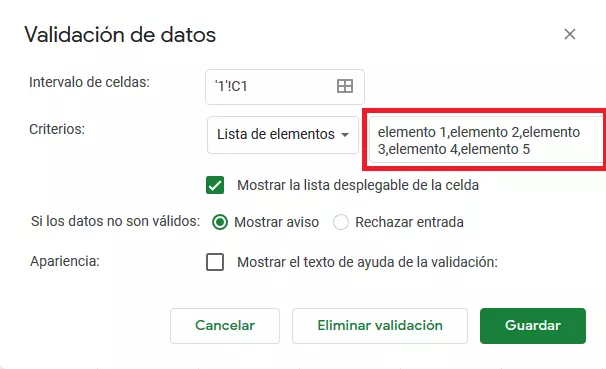 Imagen: Google Sheets: lista de elementos