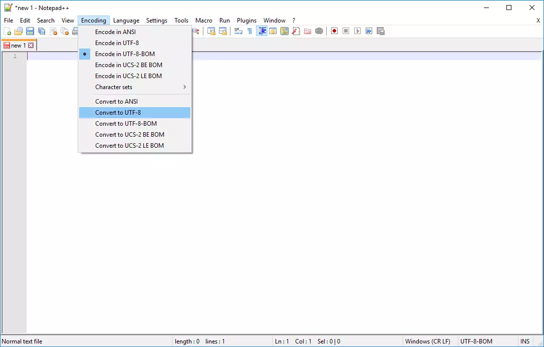 Imagen: Cambio de codificación en Notepad++ para eliminar la byte order mark.