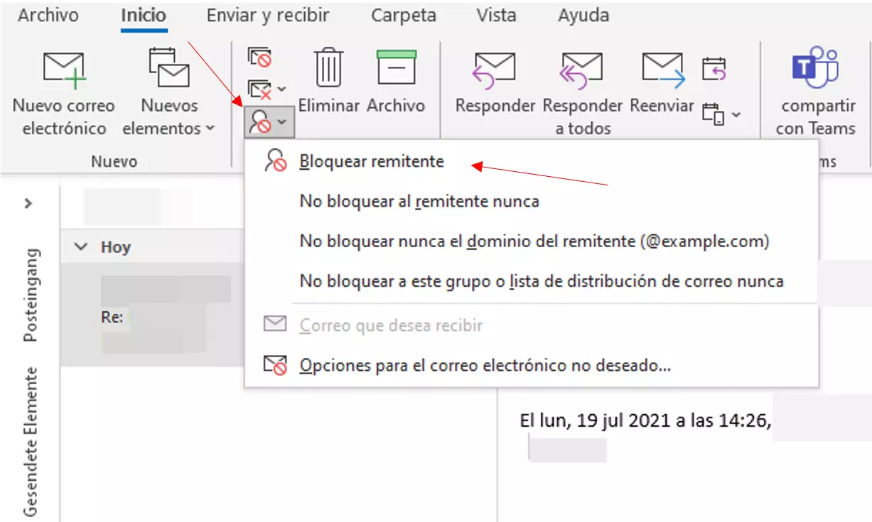 Imagen: Outlook: Bloquear al remitente desde la cinta de opciones de Outlook