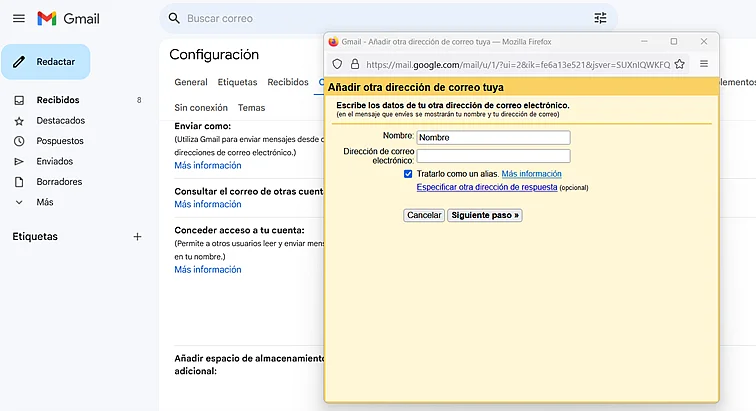 Añadir una nueva dirección de correo electrónico a la cuenta de Gmail Imagen: Añadir una nueva dirección de correo electrónico a la cuenta de Gmail
