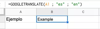 Imagen: Función de Translate en Google Sheets haciendo referencia a otra celda