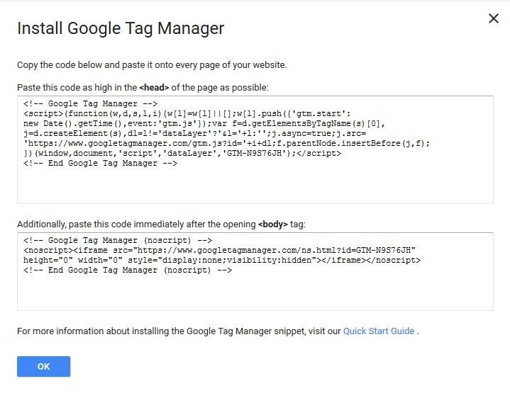 Imagen: Google Tag Manager: campo de entrada de código para la implementación