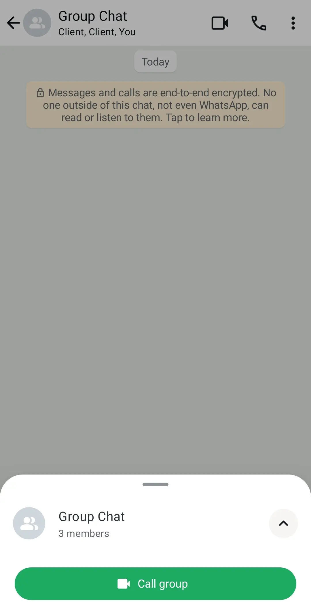 Imagen: WhatsApp: icono de la cámara y del auricular para iniciar la llamada en un chat de grupo