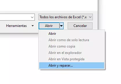 Imagen: Opción de Excel “Abrir y reparar...”