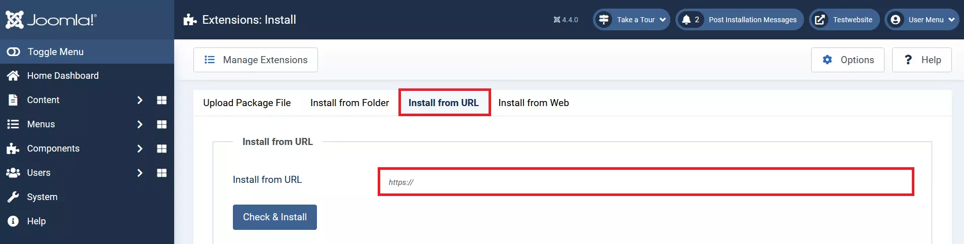 Opción “Instalar desde URL” en el backend de Joomla Opción “Instalar desde URL” en el backend de Joomla