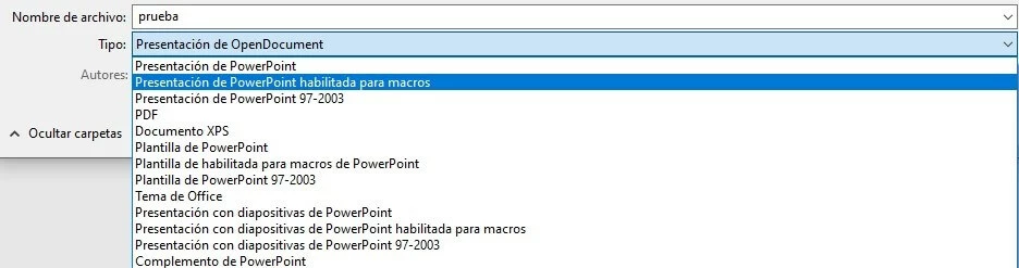 Imagen: Elección del tipo de archivo en PowerPoint 2016