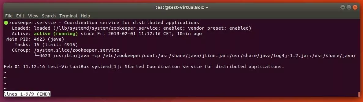Imagen: Terminal de Ubuntu: comentario del estado del servicio de ZooKeeper
