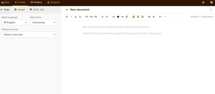 Captura de la interfaz de usuario de Rytr Captura de la interfaz de usuario de Rytr