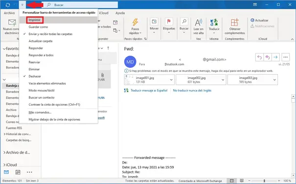 Imagen: Configuración básica de Outlook. Icono y cuadro de diálogo de “Personalizar barra de herramientas de acceso rápido”