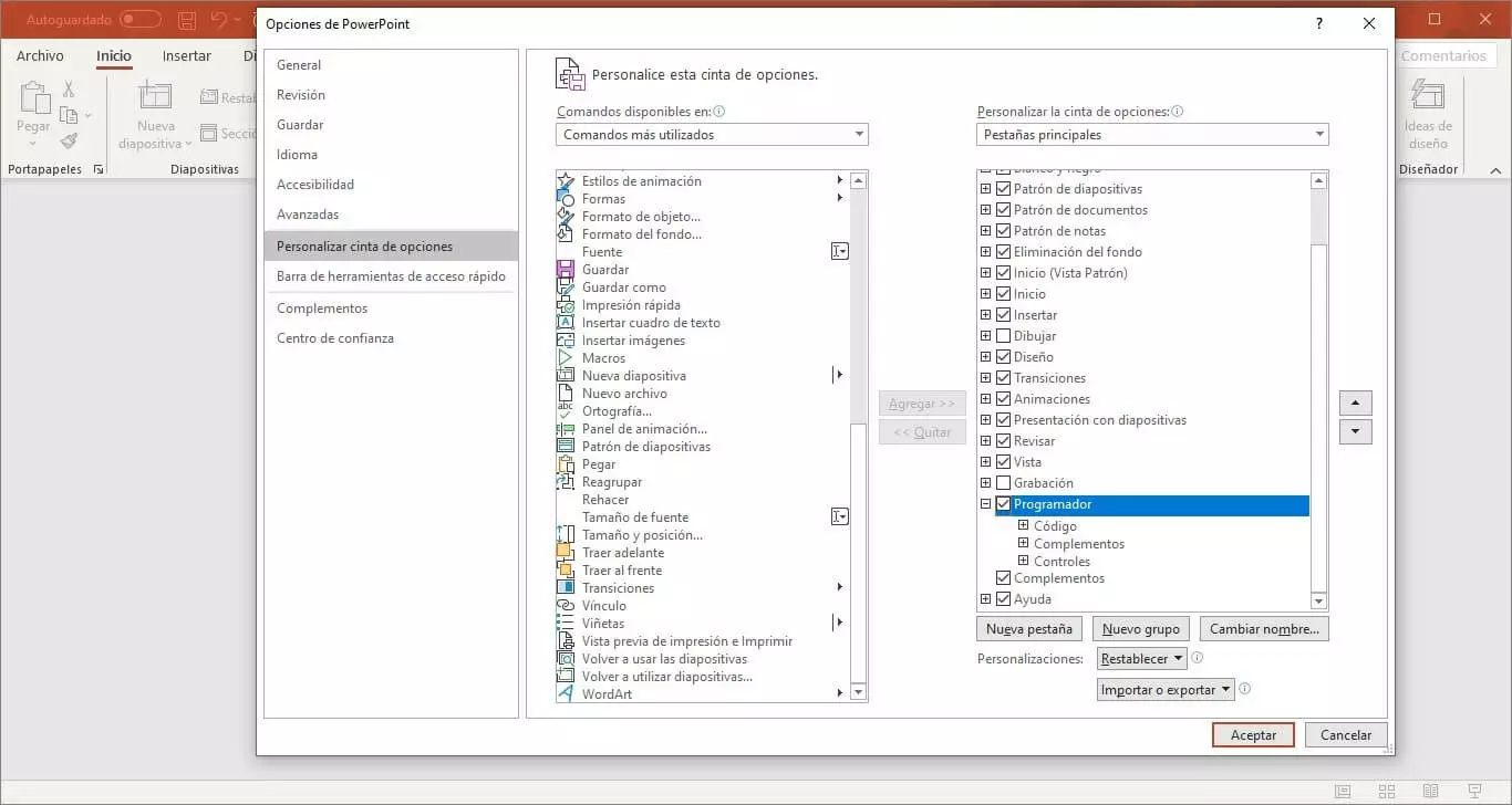 Imagen: Ventana con las opciones de PowerPoint 2016