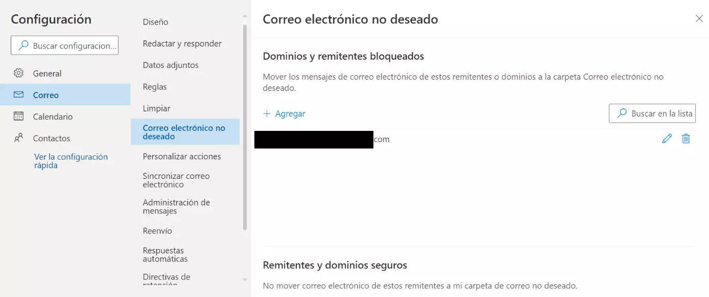 Imagen: Configuración del correo no deseado en Outlook.com