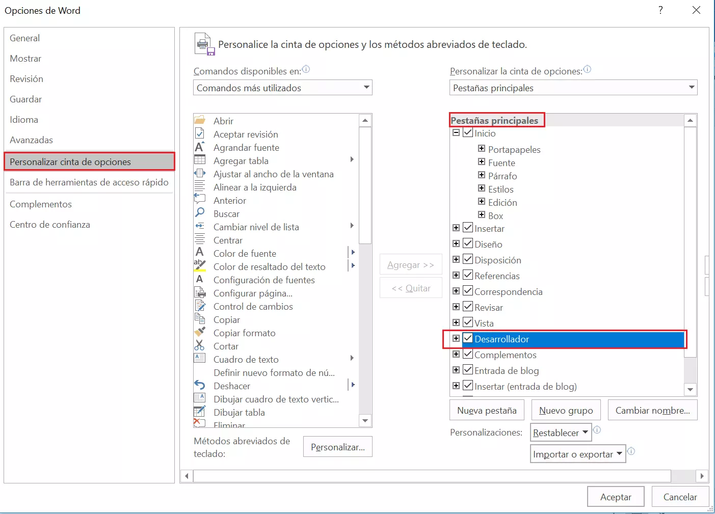 Imagen: Word 2016: “Personalizar la cinta de opciones” dentro de “Opciones de Word”