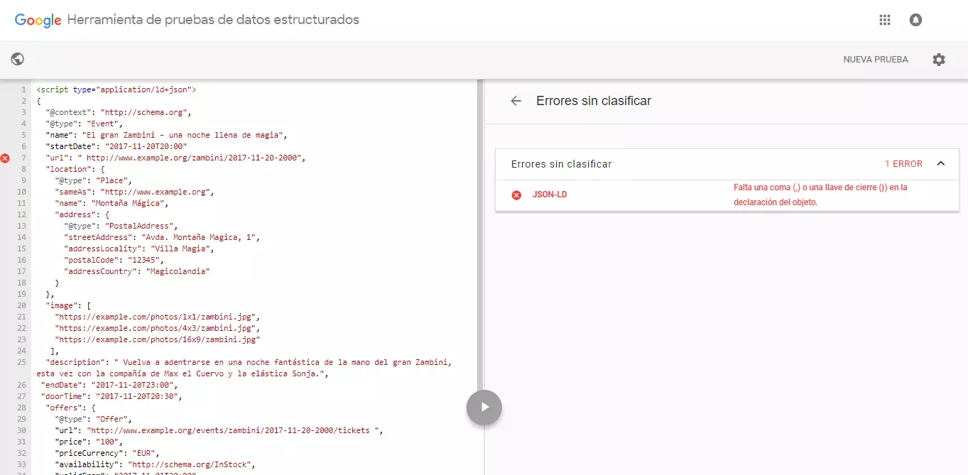 Imagen: Google Structured Data Testing Tool tras la validación: se ha detectado un error de sintaxis