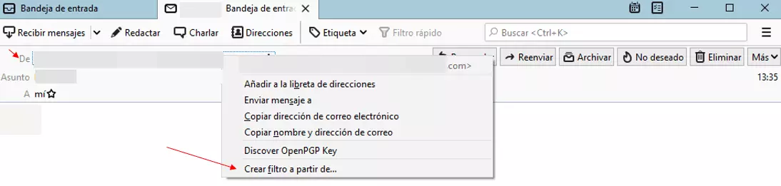 Imagen: Thunderbird: opción “Crea filtro a partir de…”