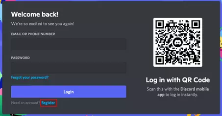 Ventana de inicio de sesión de Discord