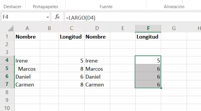 Imagen: Excel: comprobación del número de caracteres mediante la función LARGO
