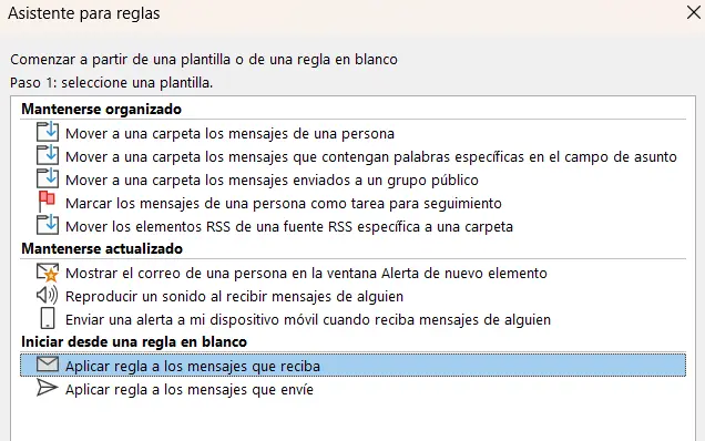 Asistente para reglas de Outlook: selección de condiciones Imagen: Asistente para reglas de Outlook: selección de condiciones