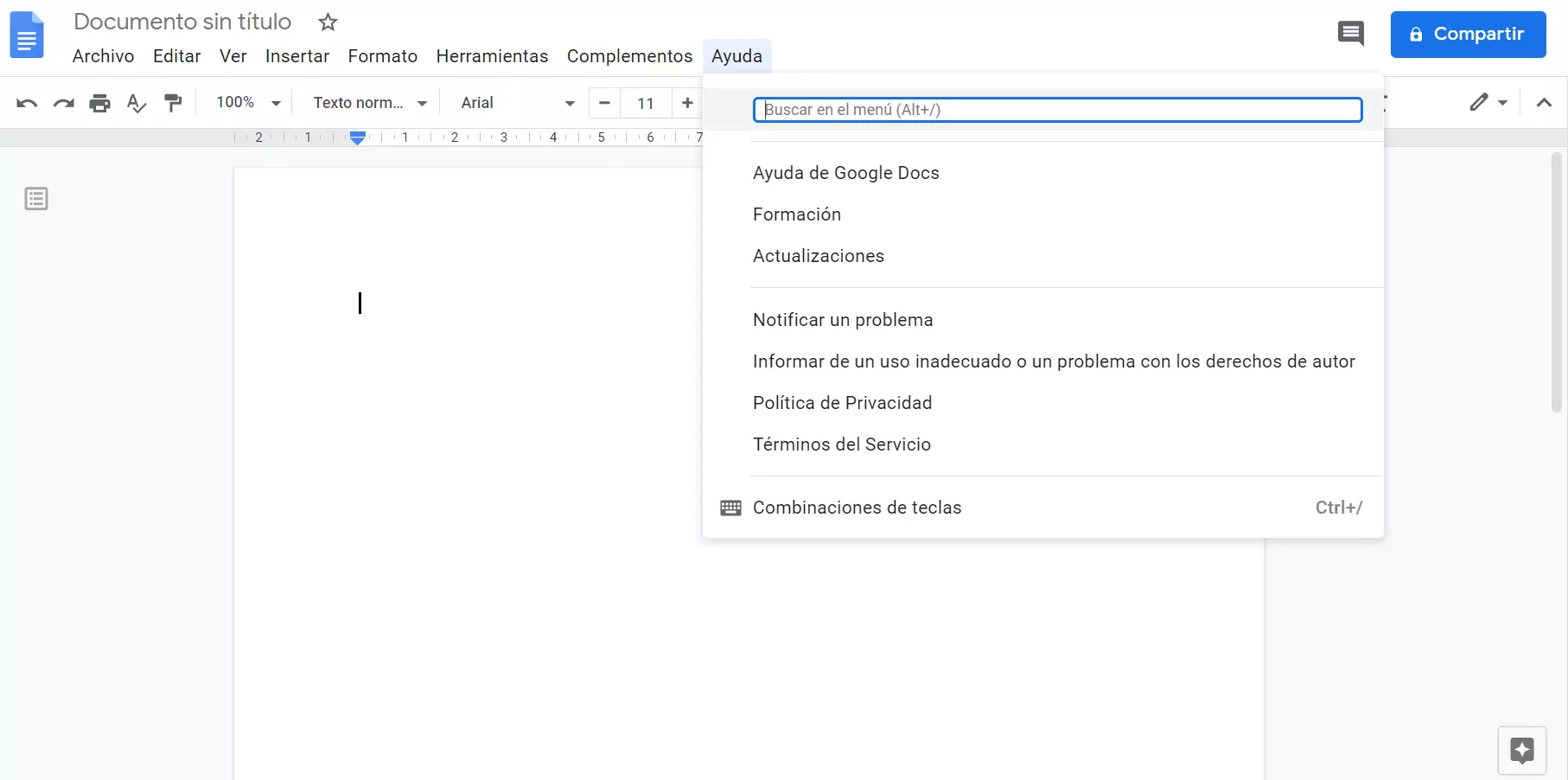 Imagen: Acceso a los shortcuts de Google Docs a través del menú “Ayuda”