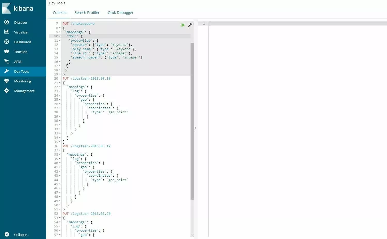 Imagen: Consola de Kibana: introducción de los mappings de la base de datos