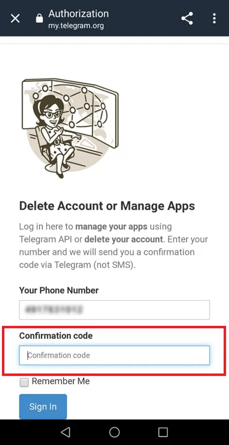 Página web de Telegram para “Eliminar una cuenta”: insertar el código Imagen: Página web de Telegram para “Eliminar una cuenta”: insertar el código