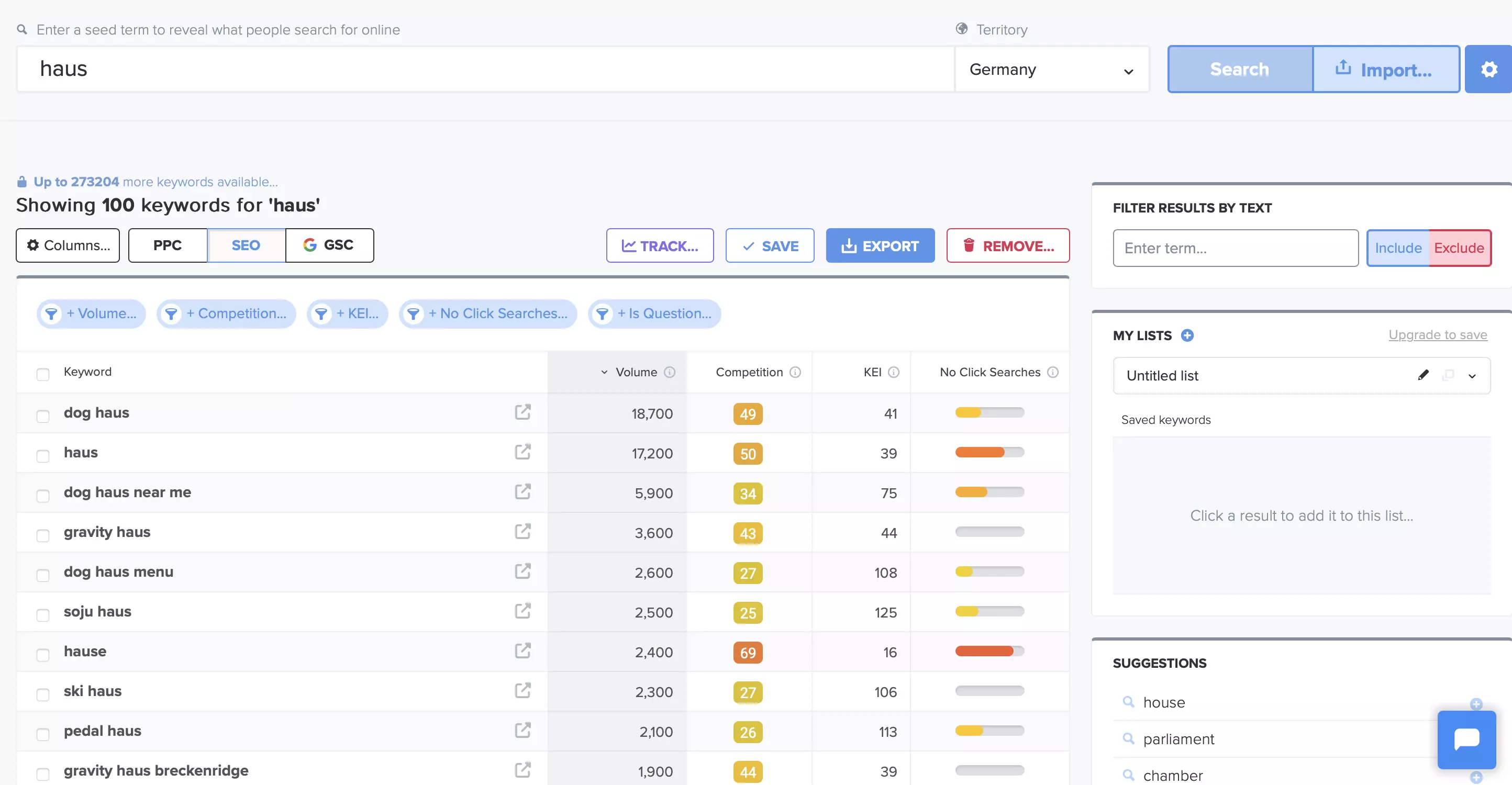 Imagen: Wordtracker: sugerencias y vista previa SERP para “haus”
