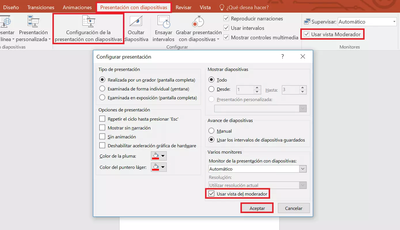 Imagen: PowerPoint: “Configuración de la presentación con diapositivas”.