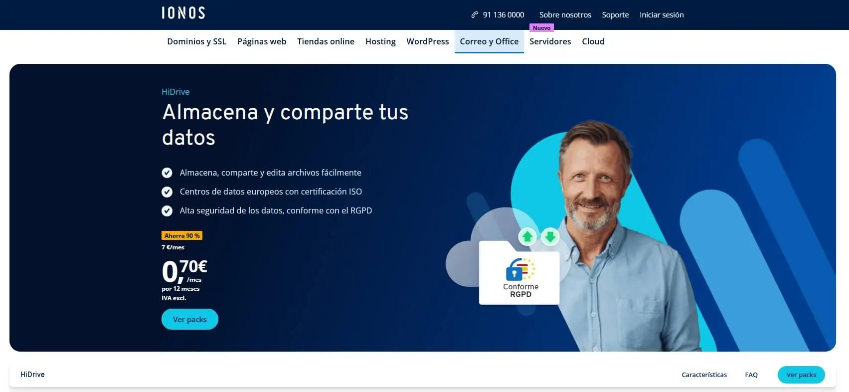 Imagen: Captura de la p&aacute;gina de inicio de HiDrive de IONOS