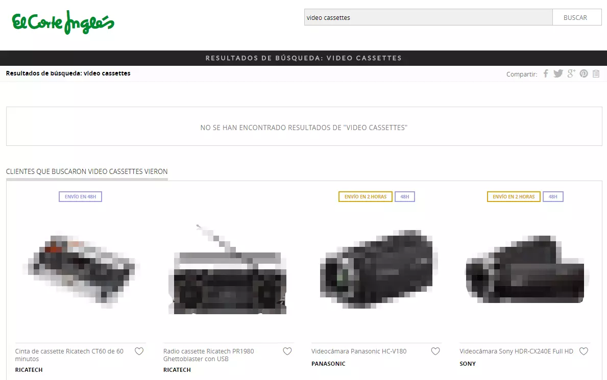 Imagen: Imagen de la búsqueda de “video cassetes” en la web de El Corte Inglés