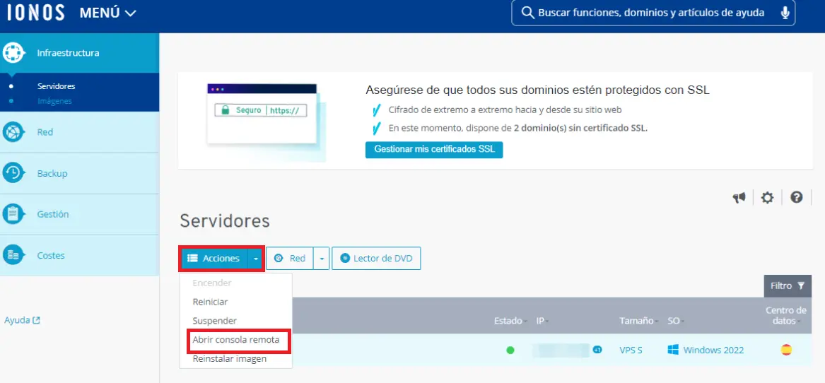 Imagen: Abrir la consola remota en el Cloud Panel de IONOS
