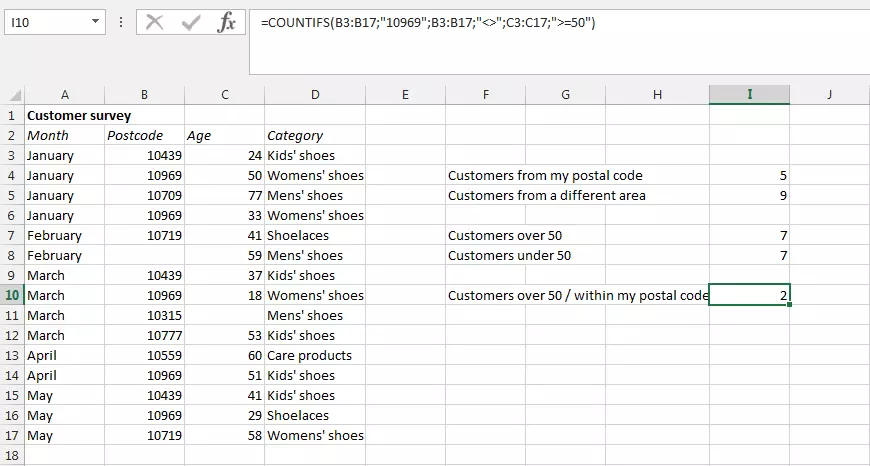 Imagen: Screenshot de una tabla Excel con la función CONTAR.SI.CONJUNTO y tres criterios de búsqueda
