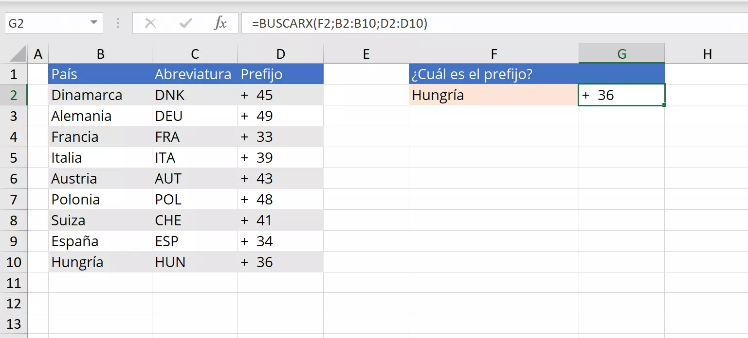 Imagen: BUSCARX: ejemplo con las tres entradas obligatorias