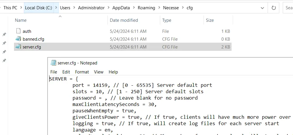 Imagen: Archivo de configuración del servidor de Necesse abierto