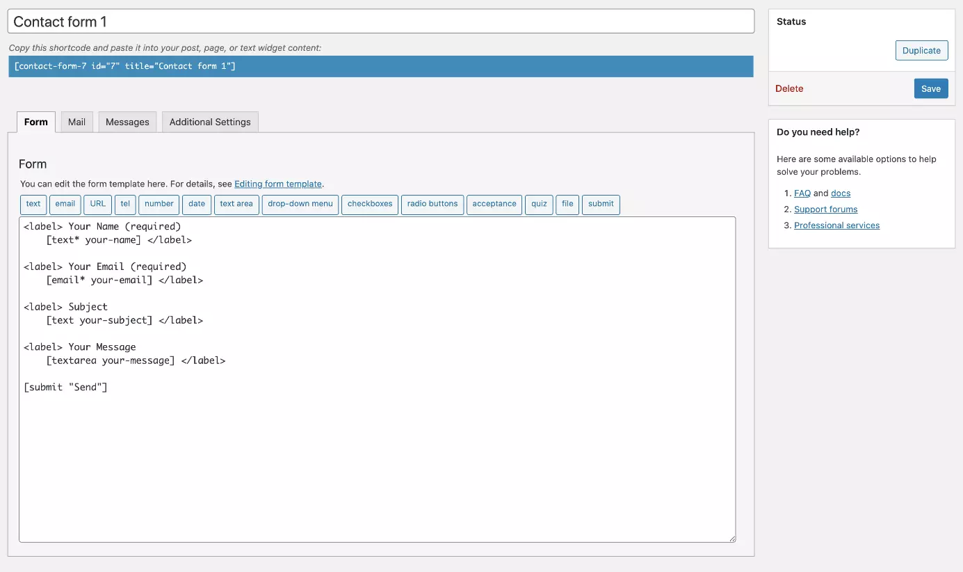 Imagen: Interfaz del plugin Contact Form 7 para crear formularios de contacto de WordPress