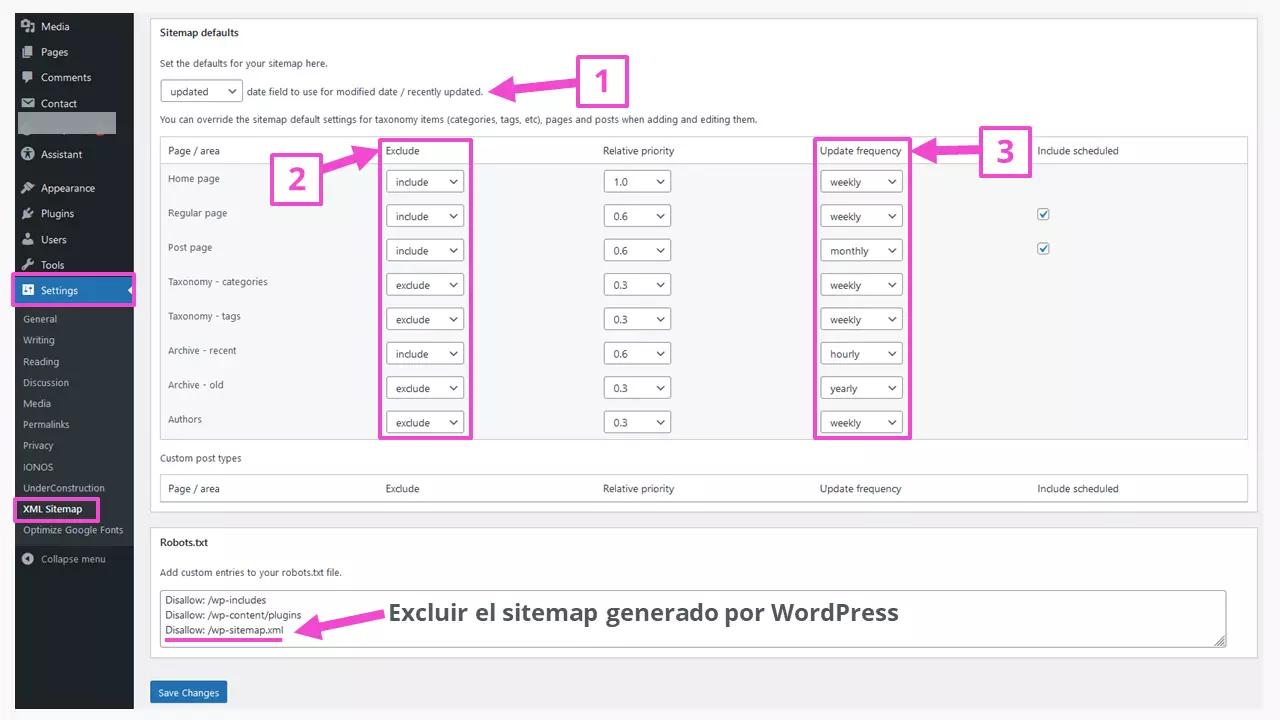 Imagen: La parte inferior de la interfaz de administración del plugin “XML Sitemap Generator for Google”
