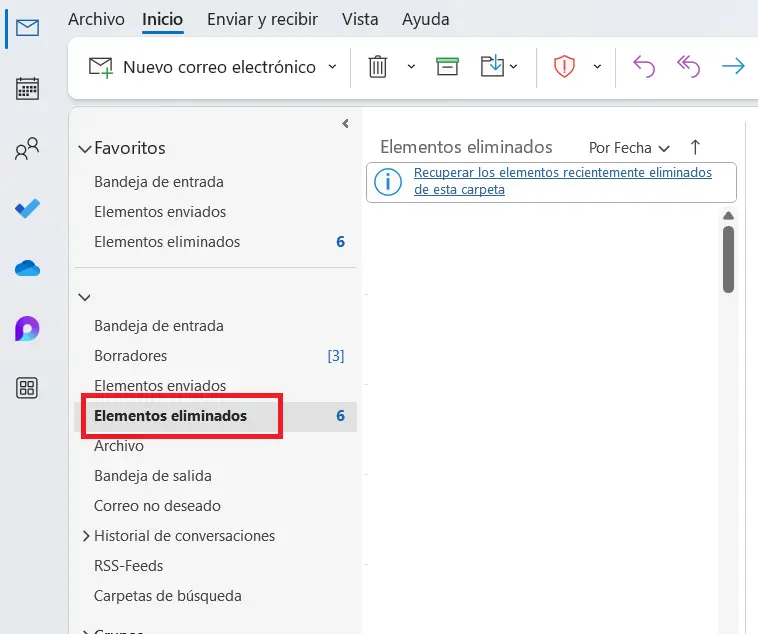 Imagen: Carpeta “Elementos eliminados“ de Outlook