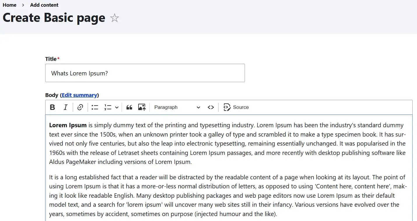 Menú “Create Basic page” en Drupal Imagen: Menú “Create Basic page” en Drupal