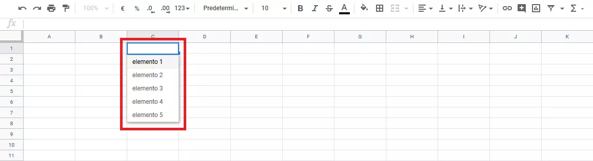 Imagen: Elementos de una lista desplegable en Google Sheets