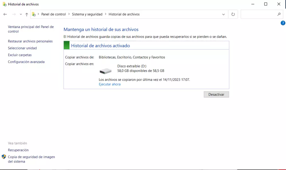 Historial de archivos de Windows 10 activado Historial de archivos de Windows 10 activado