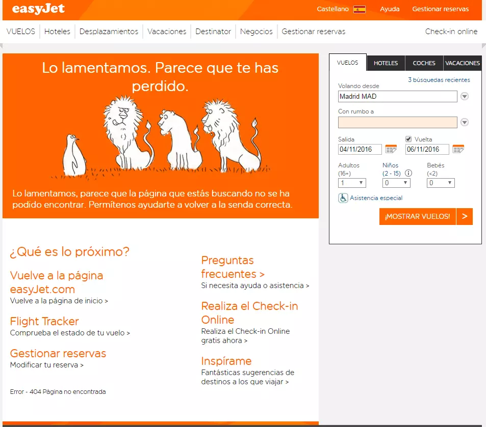 Imagen: Mensaje 404 de Easyjet