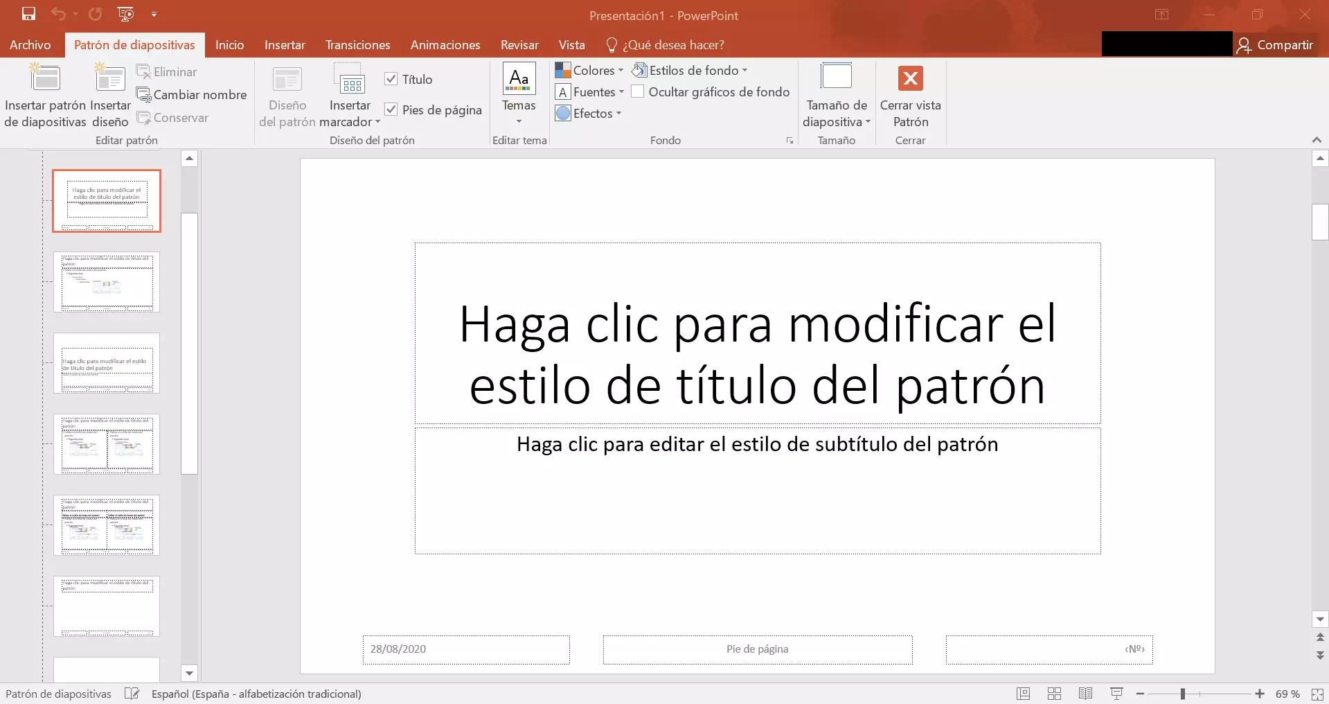 Imagen: Vista de patrón de diapositivas en PowerPoint 2019