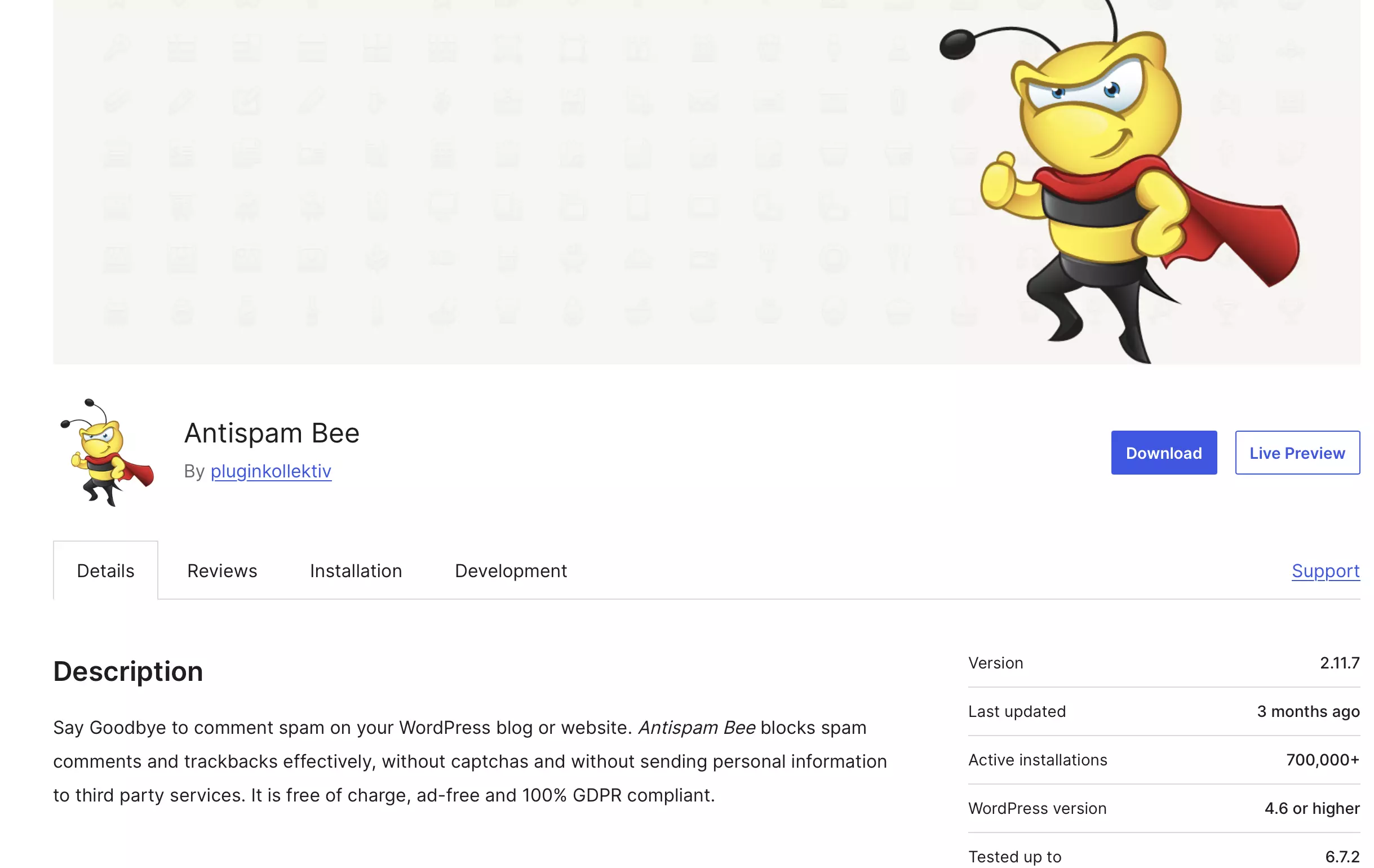 Wordpress.org: página de descripción del plugin Antispam Bee Imagen: Wordpress.org: página de descripción del plugin Antispam Bee