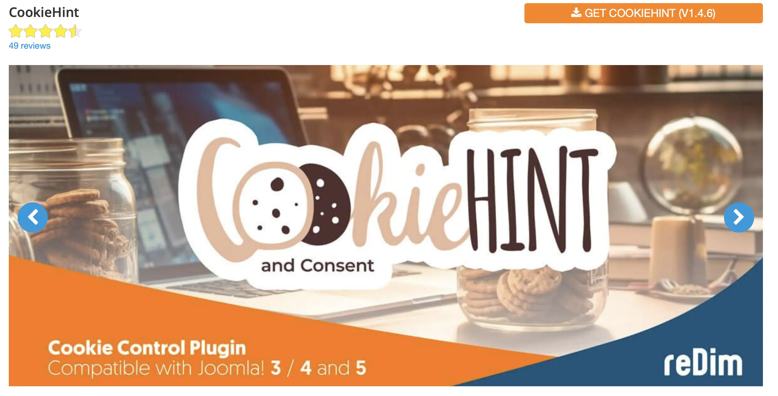Captura de pantalla de la página web de la extensión Joomla CookieHint and Consent Imagen: Captura de pantalla de la página web de la extensión Joomla CookieHint and Consent