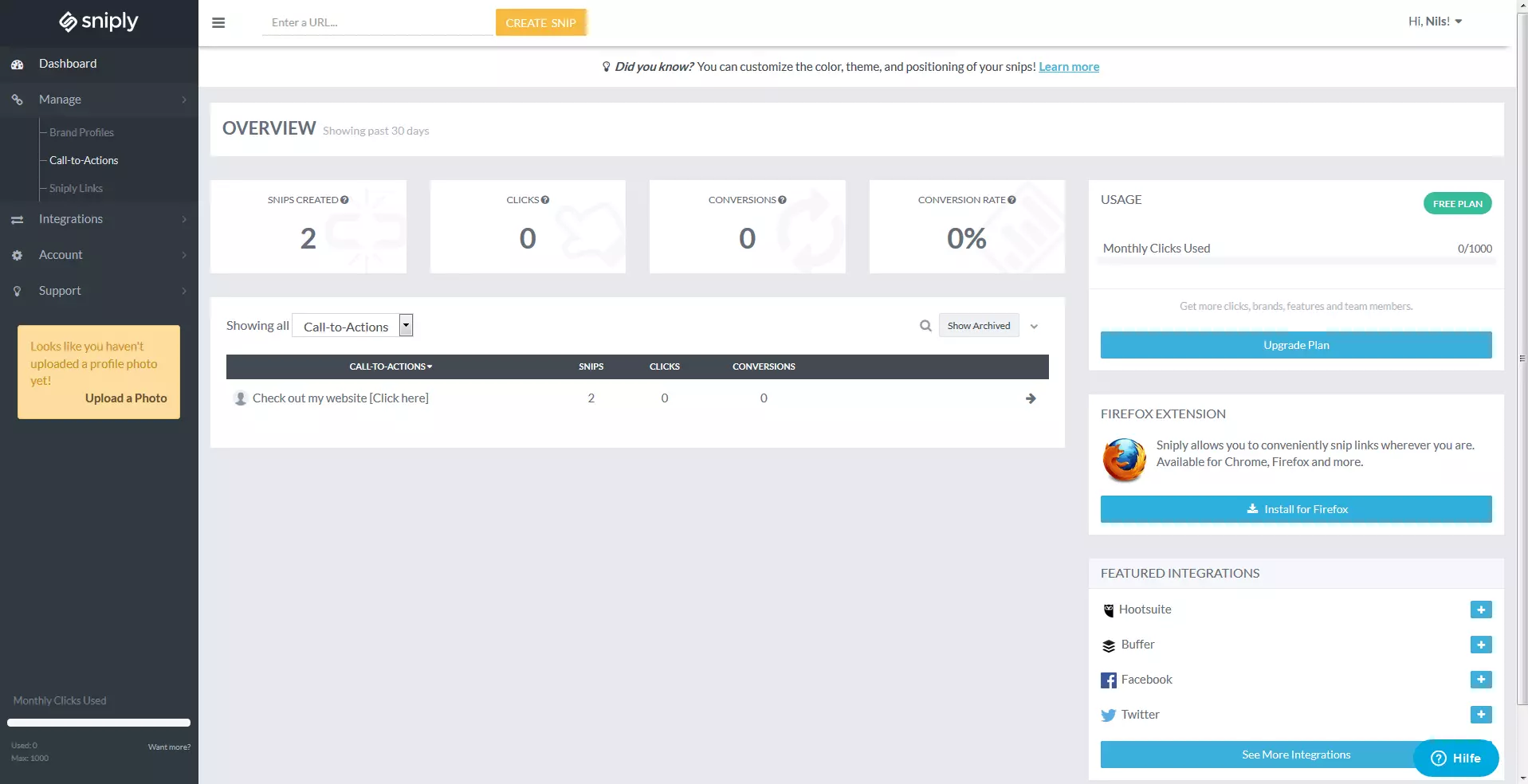 Imagen: Panel de control de Sniply