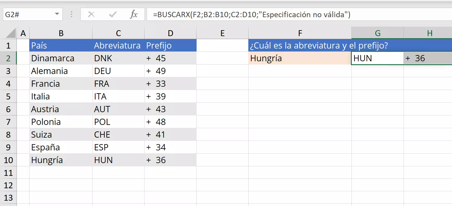 Imagen: Excel: ejemplo del uso de la función BUSCARX para obtener dos valores en una sola búsqueda