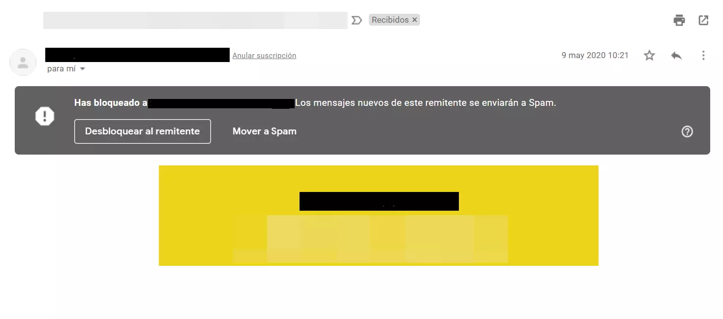Imagen: Gmail: campo de información en un correo electrónico bloqueado