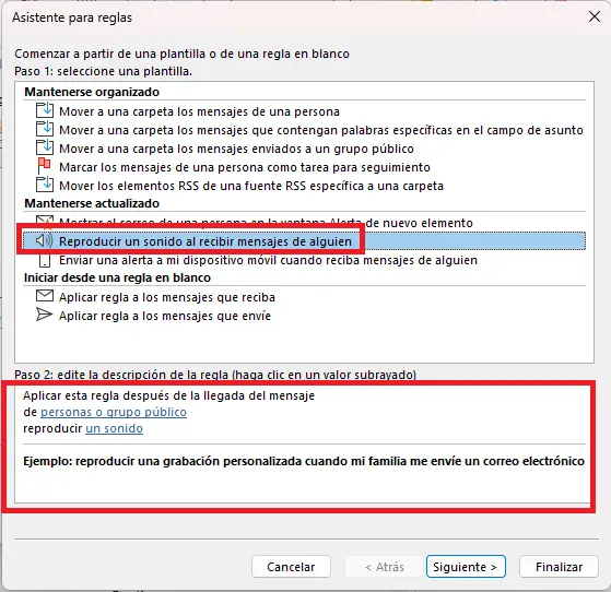 Asistente para reglas en Outlook: selección de plantilla de reglas Imagen: Asistente para reglas en Outlook: selección de plantilla de reglas
