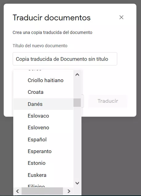 Imagen: Selección del idioma meta para la traducción en Google Docs